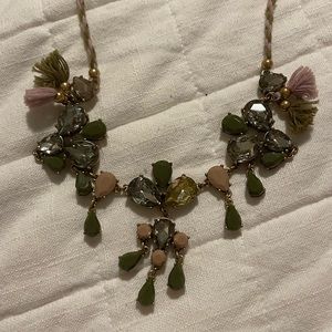 J. Crew crystal necklace, purple and green, bow tie, 30 inches